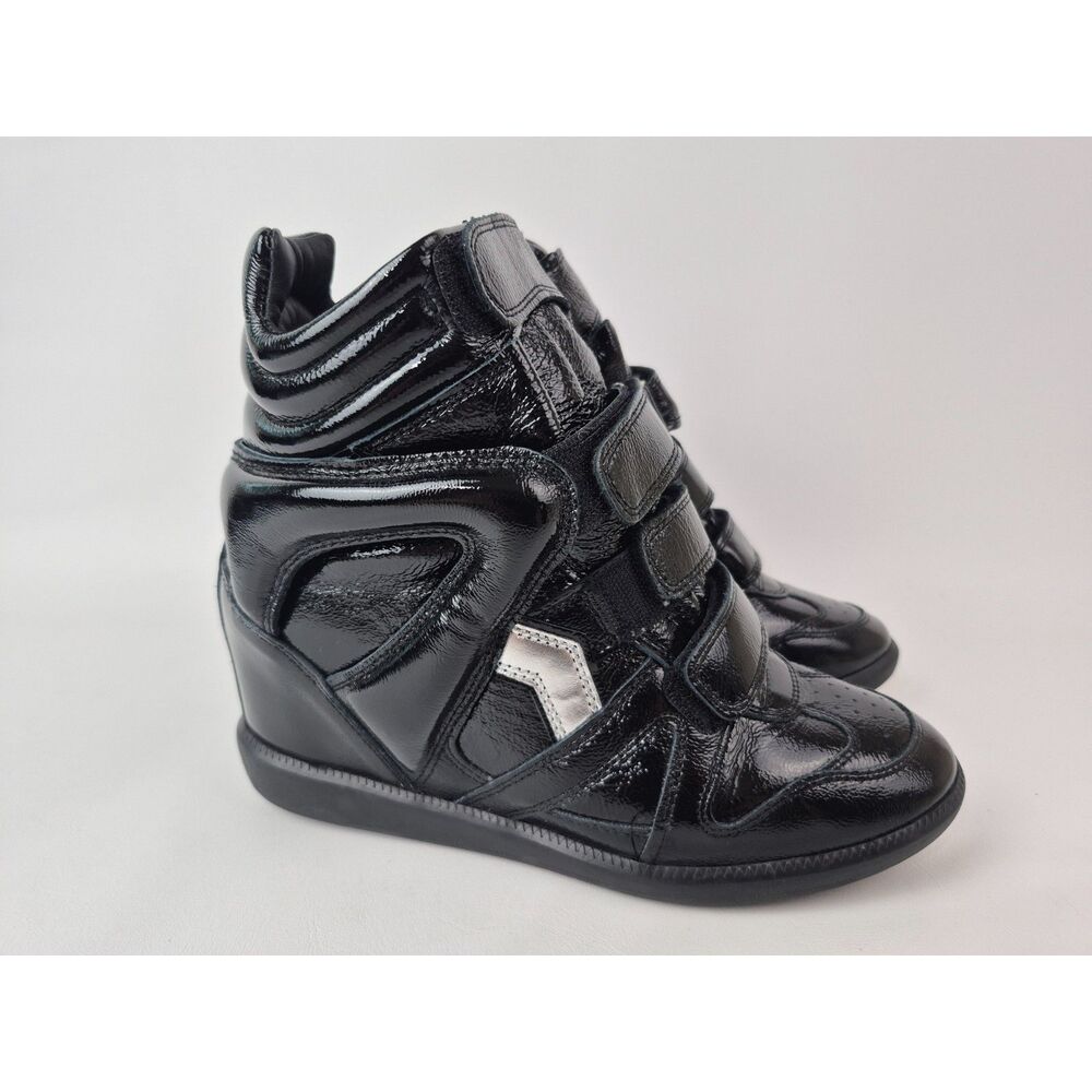 Isabel Marant Black Patent Leather Wedge Sneakers with Silver Accent